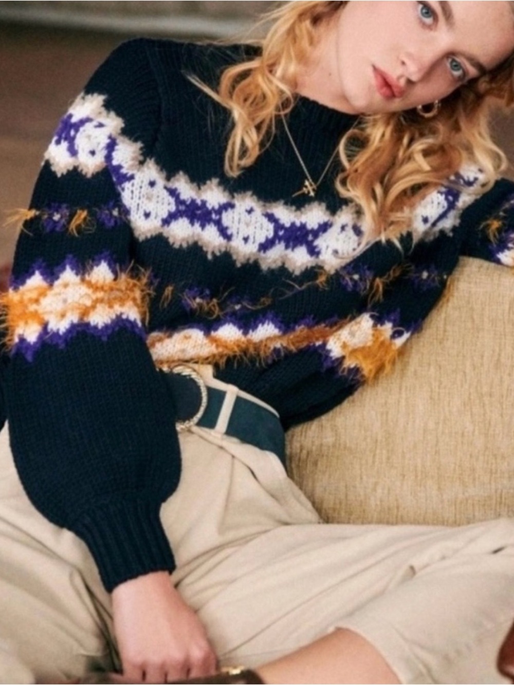 Sezane Dimitri Knit Sweater Navy Blue With Purple And Gold Intarsia Detail